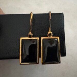 Gold plated Mother of Pearl & Onyx- Sterling Silver cabochon drop earrings